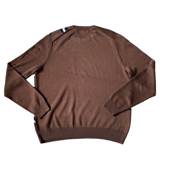 PERRY ELLIS Ribbon Tape Design Crewneck Sweater Brown Navy White L - Picture 7 of 8